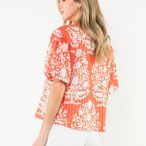 NWT THML Coral Botanical Stripe Puff Sleeve Blouse - Picture 4 of 4